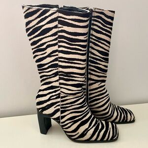 Y2K Vintage Square Toe Zebra Print Leather Boots Heels Size 6.5 Bruno Valenti